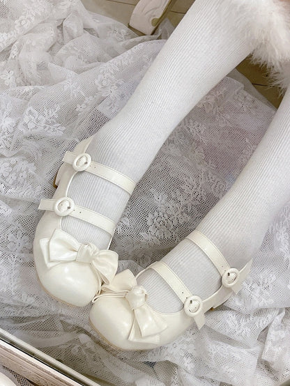 Bow Accents Sweet White Buckle Straps Shoes Princess Low Heels