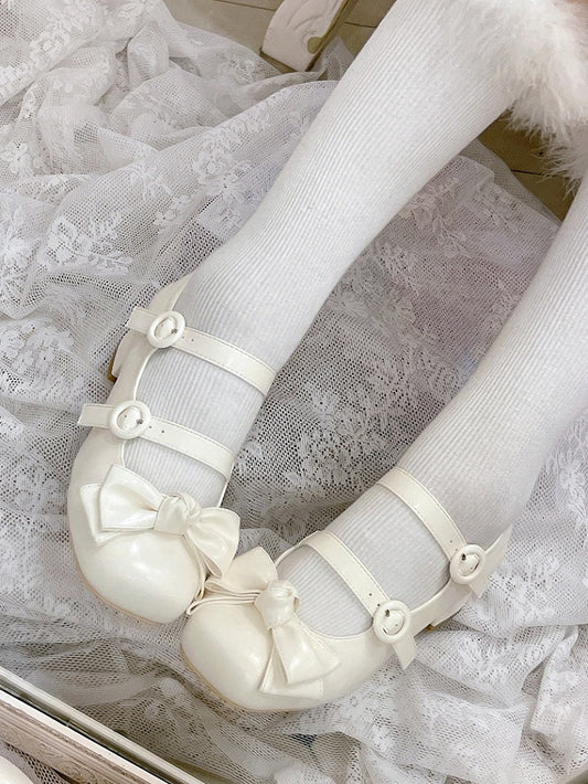 Bow Accents Sweet White Buckle Straps Shoes Princess Low Heels