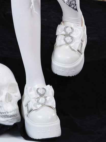 Regular/Thicken Version Rhinestone Heart Decor Bow Details & Slip-in Fit Design PU White Platform Shoes in Jirai Kei