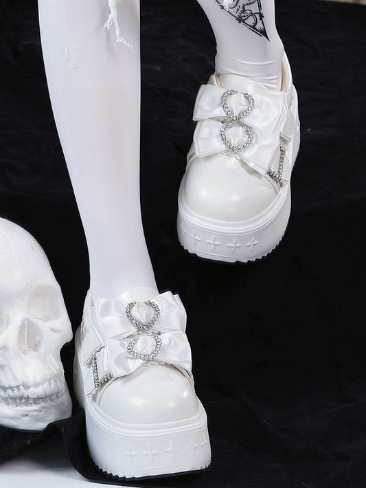Regular/Thicken Version Rhinestone Heart Decor Bow Details & Slip-in Fit Design PU White Platform Shoes in Jirai Kei