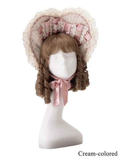Cream/Green/Pink Lace-Trimmed Sweet Lolita Bonnet with Bows