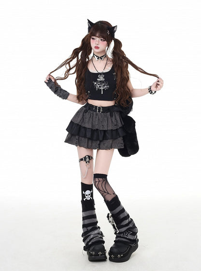 Gray Distressed Holes Lined Tiered Skirt