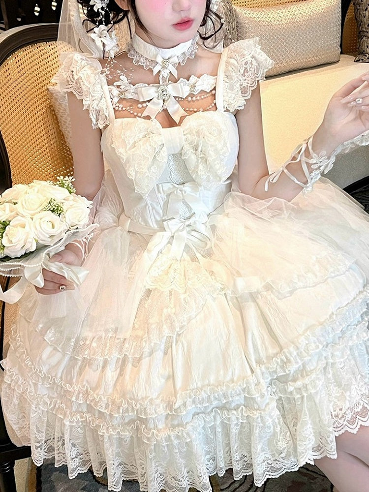 Beads and Rhinestones Neckline Design White Shiro Lolita Dress with Lace Trim and Bow Accents