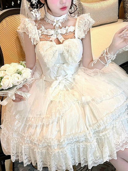 Beads and Rhinestones Neckline Design White Shiro Lolita Dress with Lace Trim and Bow Accents