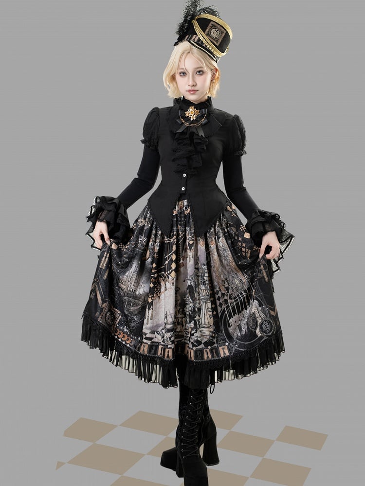 Black Corset Belt Waist Chess Theme Print Lolita Skirt