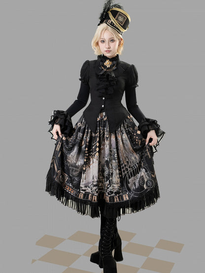 Black Corset Belt Waist Chess Theme Print Lolita Skirt