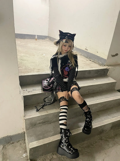 Black Skeleton and Star Print Punk Rock Cotton Top Faux Two-pieces