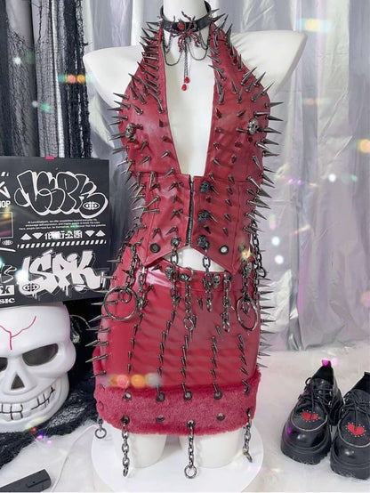 Red Y2K Studs And Skeleton Details Circular Ring Charm PU Halter Neck Top