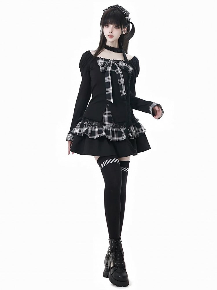 Subculture Fashion Black Faux Two-Piece Top with Plaid Bowknot and Lace Trim