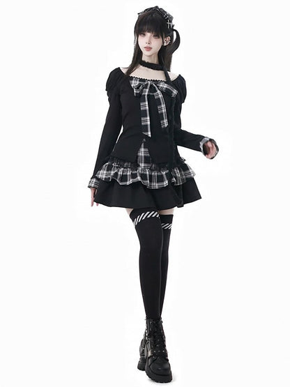 Black Plaid Tiered Skirt with Lace Trim