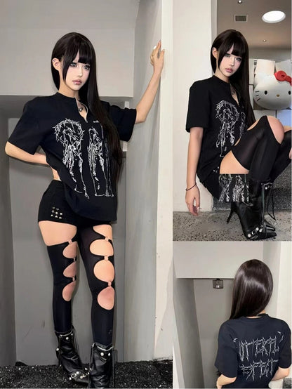 Alt Fashion Black T-Shirt with Cross Religious Figure Print