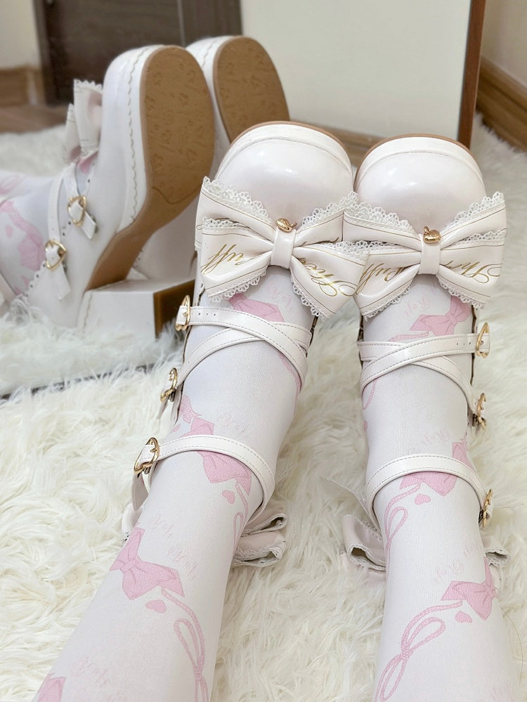 White Crisscross Design Heart Buckles Detachable Bow at Top High Block Heels