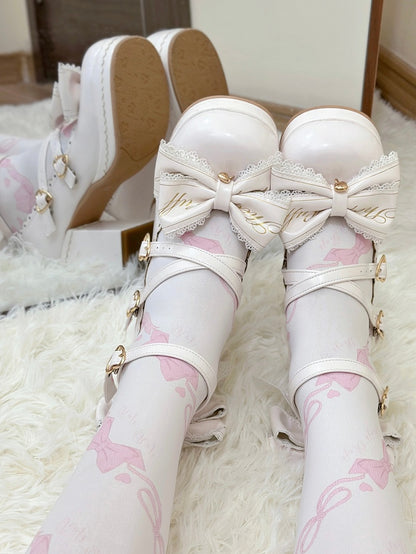 White Crisscross Design Heart Buckles Detachable Bow at Top High Block Heels