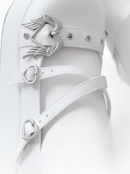 White Y2K Crisscross Design Wings Decorated Heart Buckles Platforms