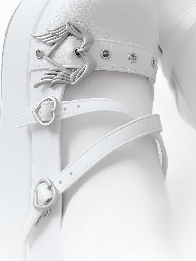 White Y2K Crisscross Design Wings Decorated Heart Buckles Platforms