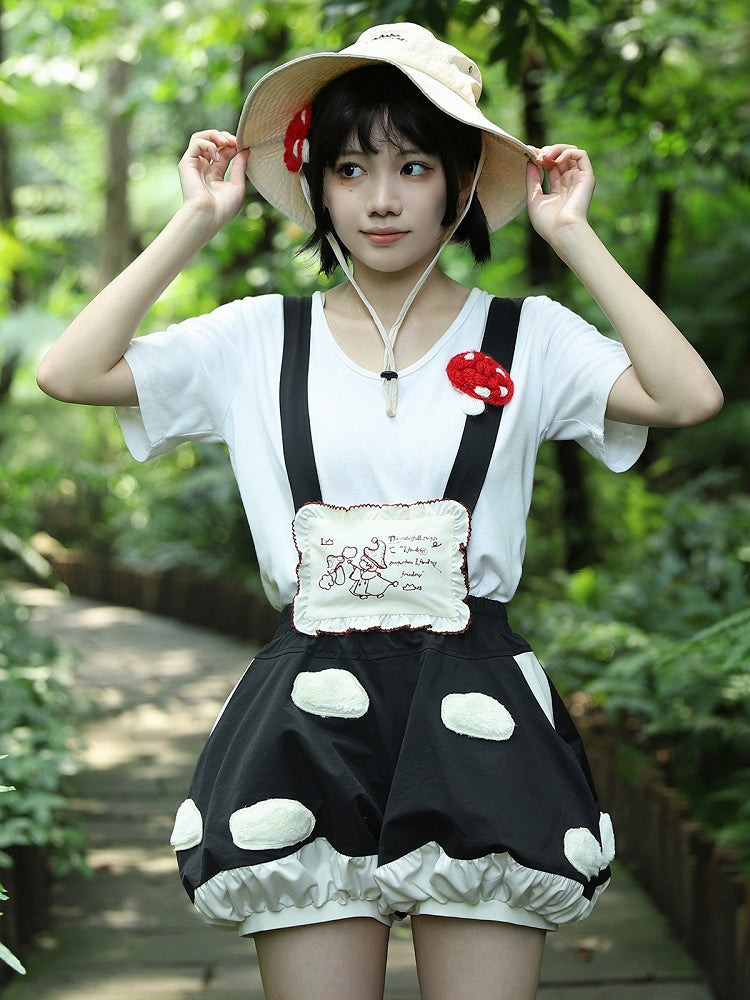 Fleece White Spot Applique Black Sweet Lolita Mushroom Bubble Short with Detachable Straps