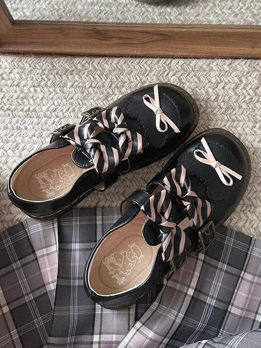 Black Striped Pattern Bowknot Details Bear Design Lolita Flats
