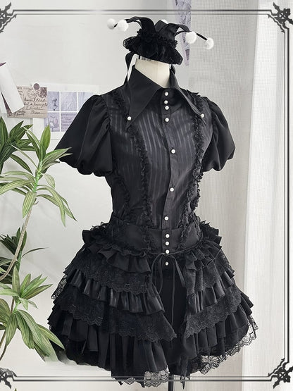 Circus Clown Vibes Ouji Lolita Outfit - Black Pointed Collar Shirt + Bloomer Shorts + Garters