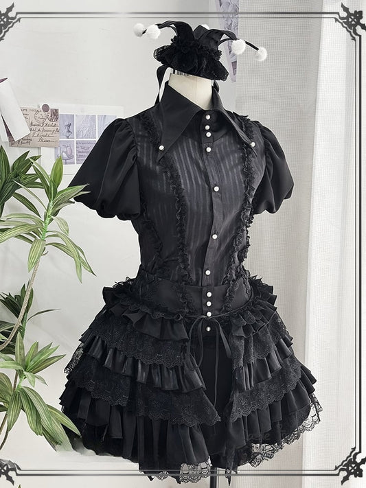 Circus Clown Vibes Ouji Lolita Outfit - Black Pointed Collar Shirt + Bloomer Shorts + Garters