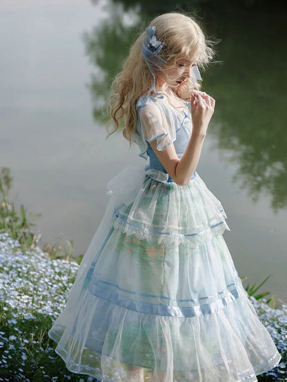 Oil Painting Water Lily Print Sky Blue Square Neckline and Flutter Sleeves One Piece