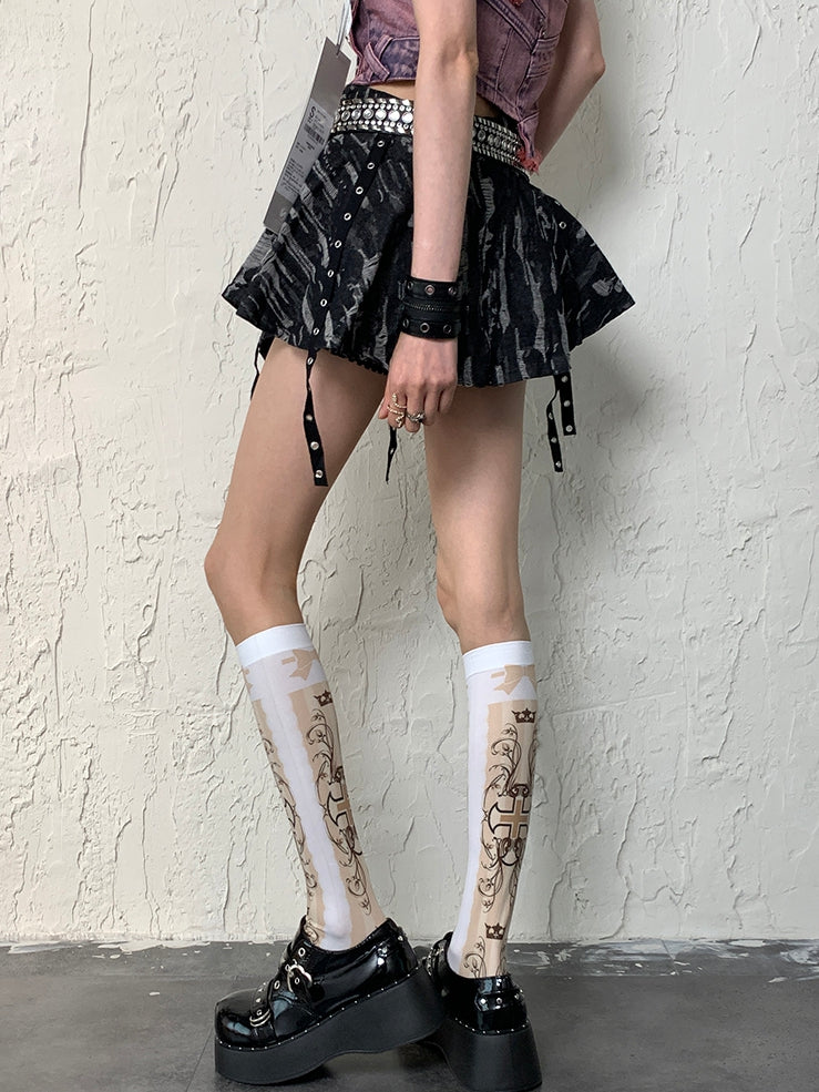 White Y2K Cross And Bowknot Print Underknee Stockings