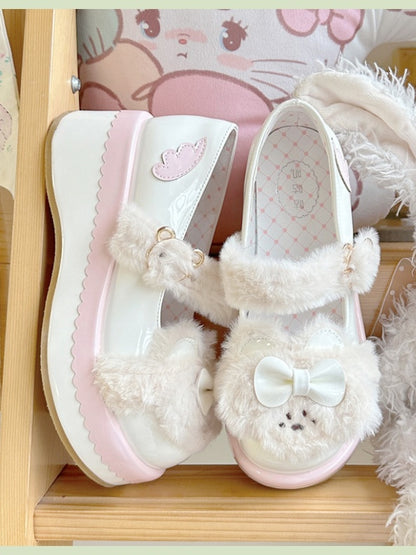 White Bowknot Decorated Plush Bear Lolita Platforms With Bear Buckle