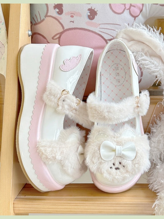 White Bowknot Decorated Plush Bear Lolita Platforms With Bear Buckle