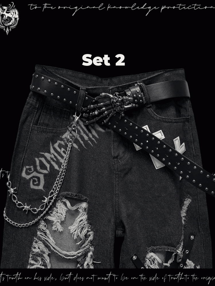 Y2K Black Cross Appliques Criss-cross Straps Distressed Holes Glamorous Jeans