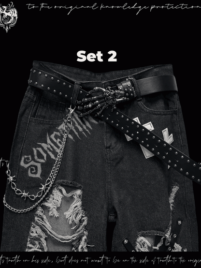 Y2K Black Cross Appliques Criss-cross Straps Distressed Holes Glamorous Jeans