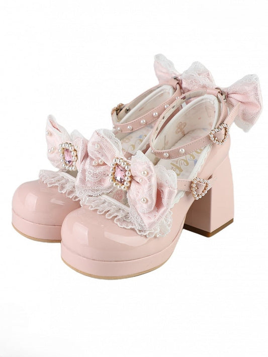 Polished Dusty Pink Detachable Rhinestone And Beaded Decorated Bowknot Lace Trim Platform High Block Heels