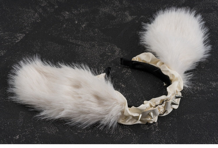 White Handmade Studs Detail Plush Bunny Ear Ruffled KC
