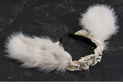 White Handmade Studs Detail Plush Bunny Ear Ruffled KC