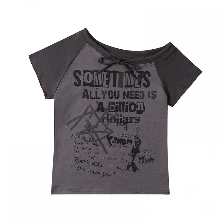 Self-tie Asymmetrical Neckline Gray/Apricot Colorblock Design Graphic T-shirt