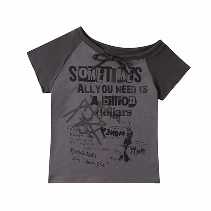 Self-tie Asymmetrical Neckline Gray/Apricot Colorblock Design Graphic T-shirt