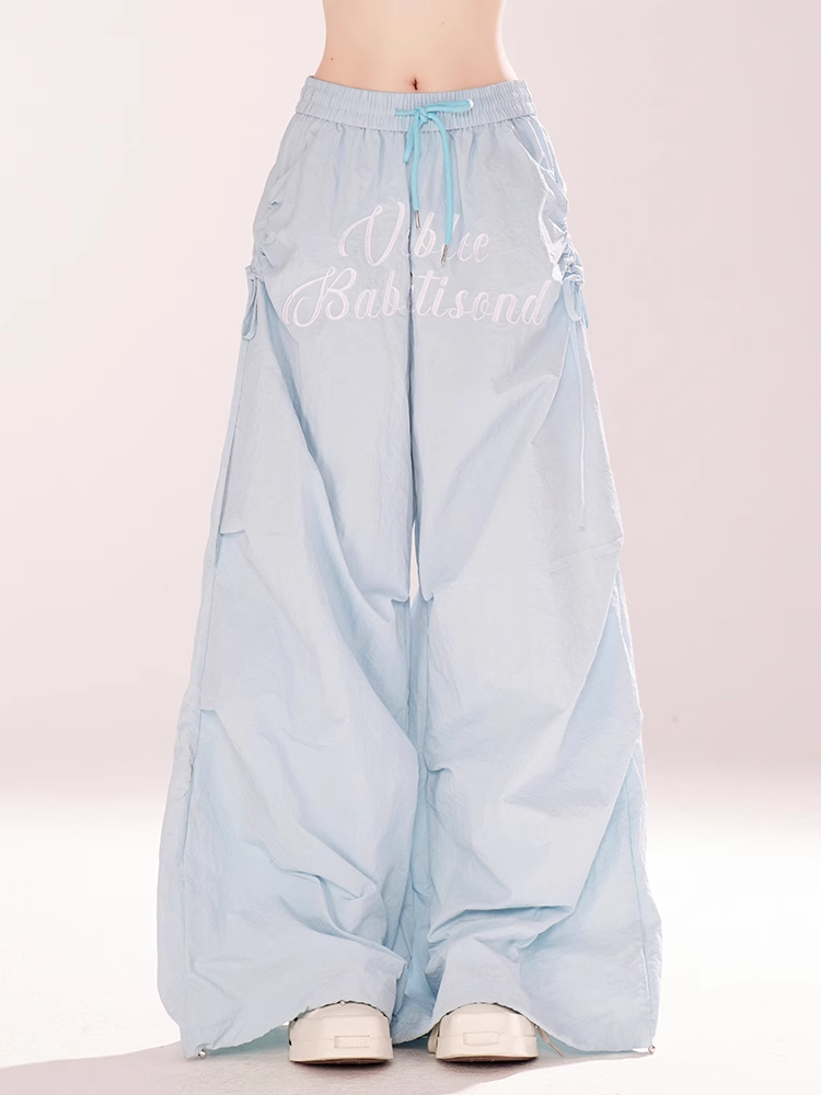 Blue Elastic Waist Letter Embroidery Wide-leg Casual Pants