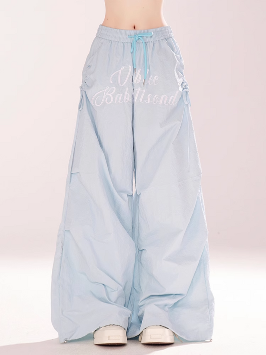 Blue Elastic Waist Letter Embroidery Wide-leg Casual Pants