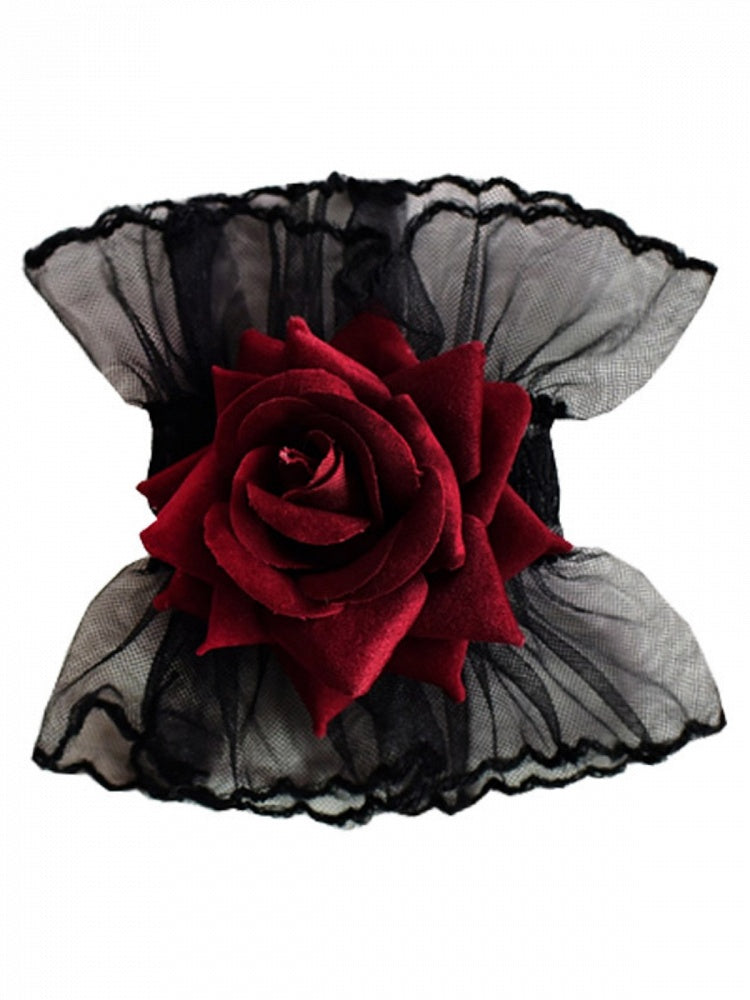 Black Gothic Rosette Lace Wrist Cuffs