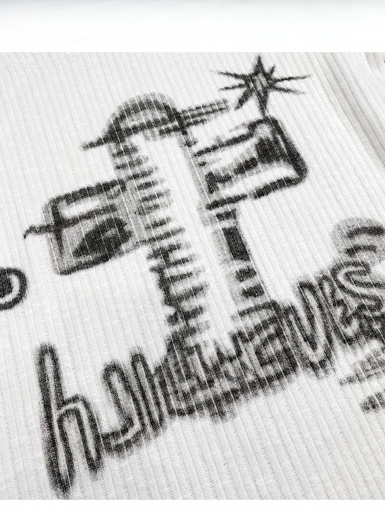 White Y2K Asymmetrical Neckline Print Design Long Sleeves Top + Neck Accessory