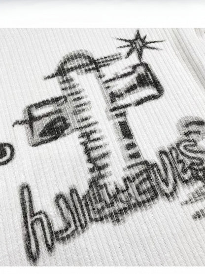 White Y2K Asymmetrical Neckline Print Design Long Sleeves Top + Neck Accessory