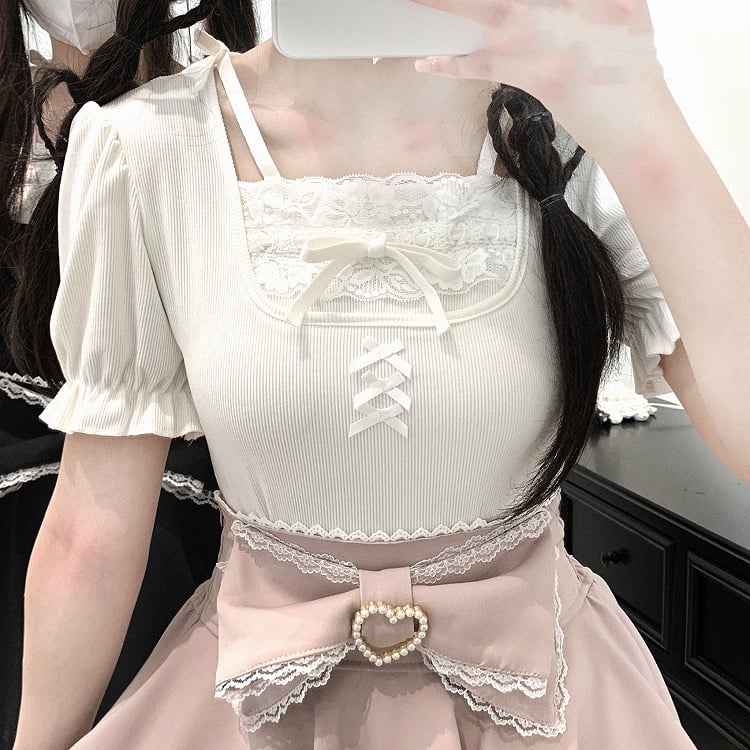 Jirai Kei Pink/White/Black Lace Trim Bowknot Details Puff Sleeves Blouse