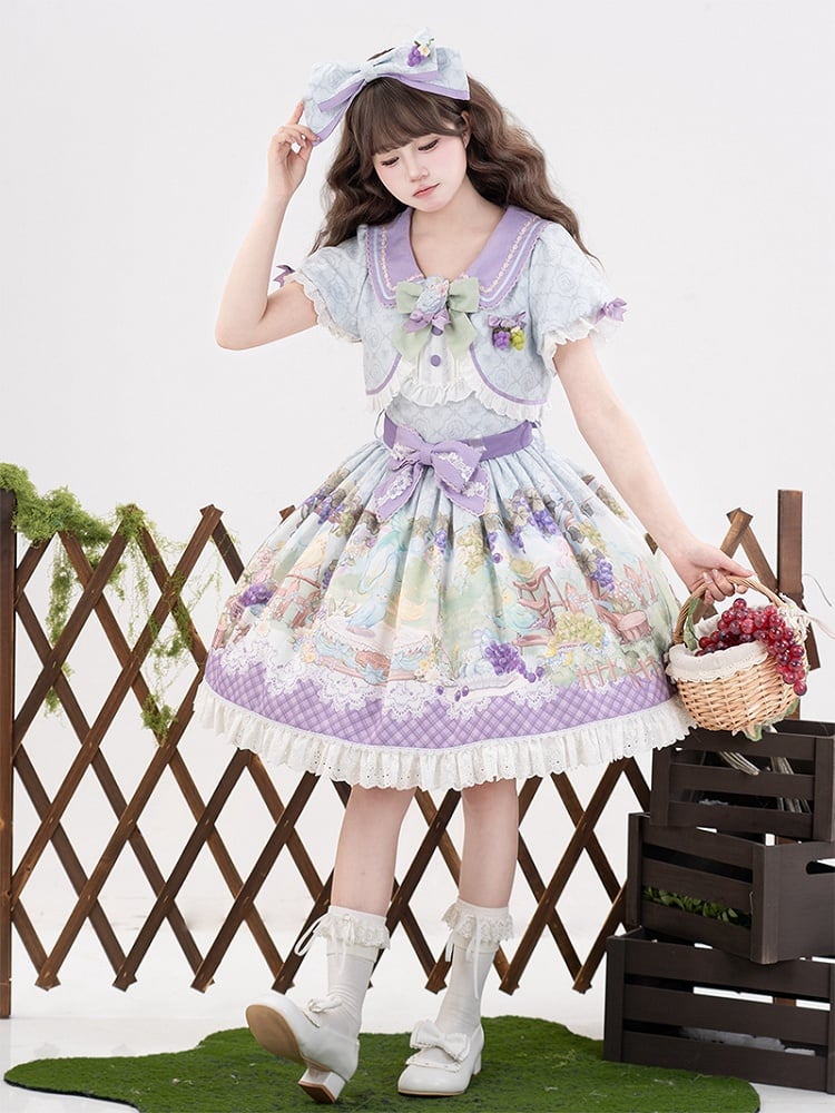 Cute Parrot and Grapes Print Sweet Lolita Short Sleeves Dress Fake Two-pieces Design
