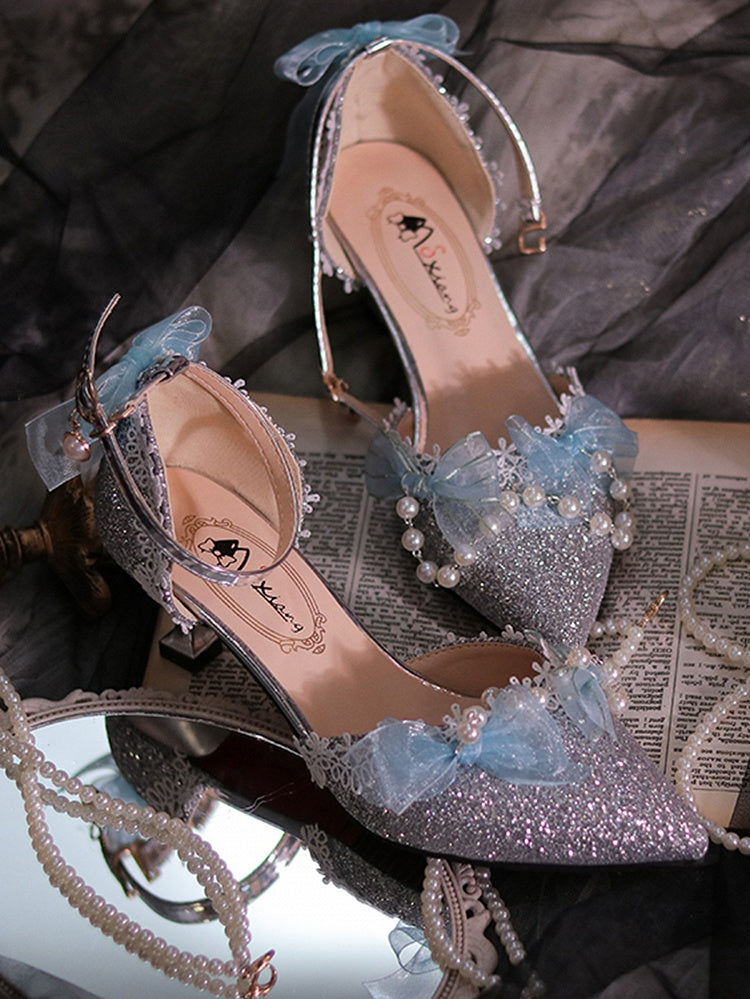Silver & Light Blue Beaded Chain Pointed Toe Hime Lolita Middle Heels
