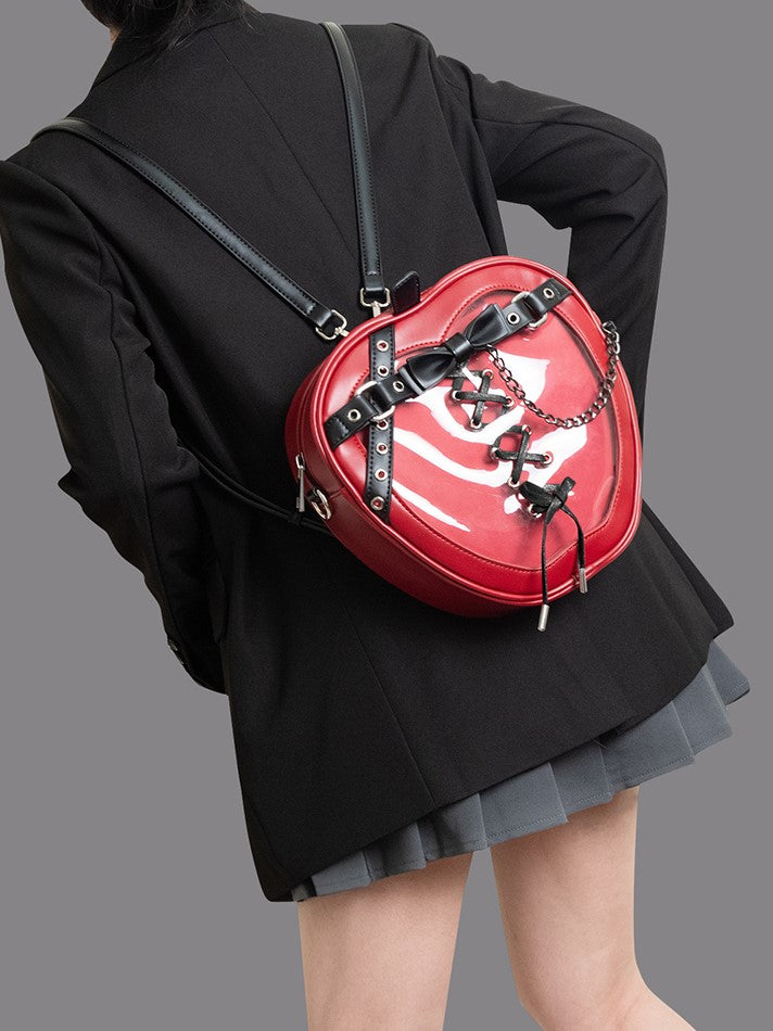 Small Charming Red Apple-Shaped 2-Way Ita Backpack With Black Belt And Bow Accents