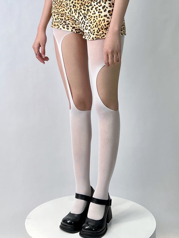 Black/White Asymmetrical Design Cut-out Details Tights