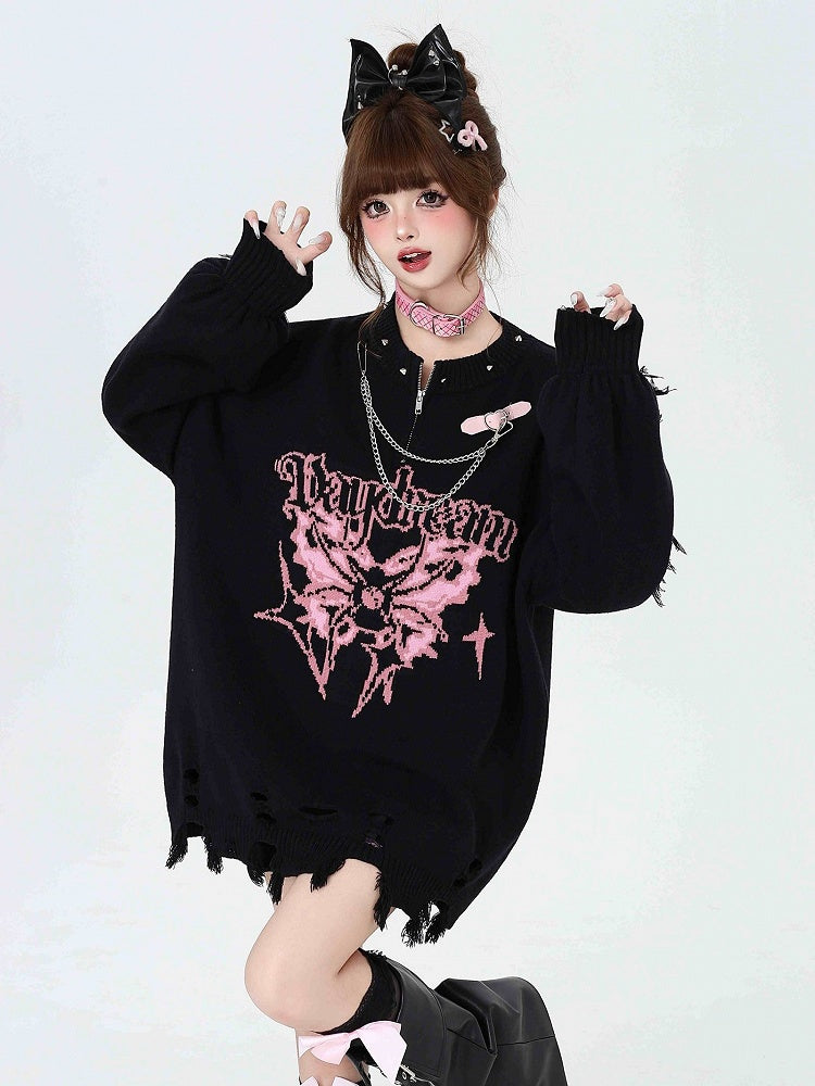 Black Gothic Distressed Holes Butterfly Sweater with Studs and Chains