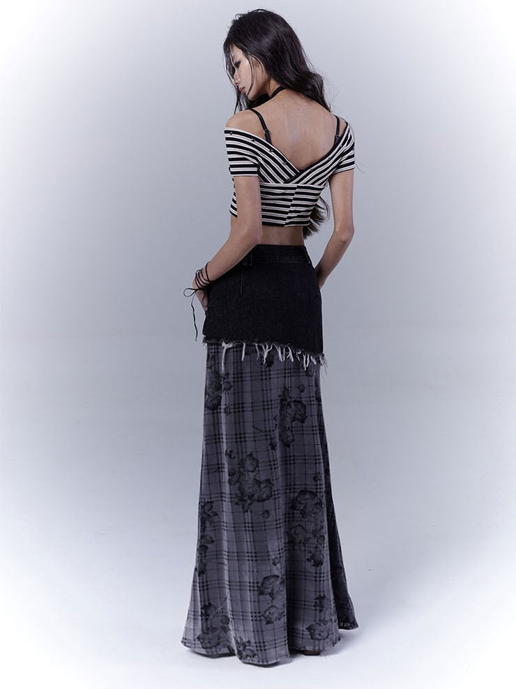 Black Low Waist Criss-cross Studded Strap Plaid Rose Mermaid Skirt