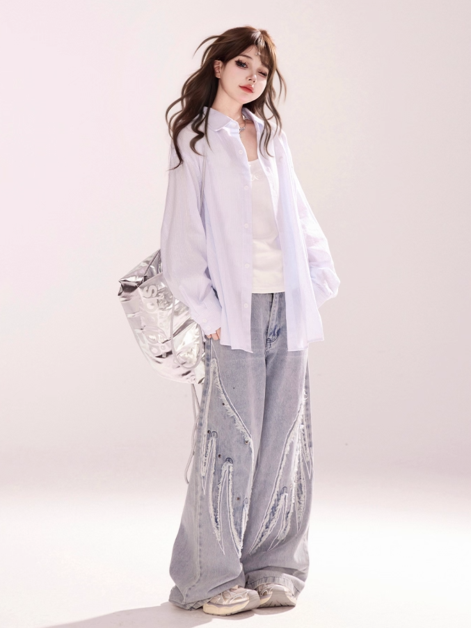 Light Blue Low Rise Wings Embroidery Applique Vintage Wide-leg Jeans