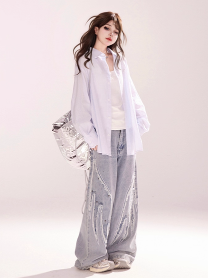 Light Blue Low Rise Wings Embroidery Applique Vintage Wide-leg Jeans