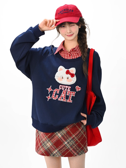 Kitty Embroidery Applique Navy Blue Sweatshirt with Detachable Red Plaid Collar