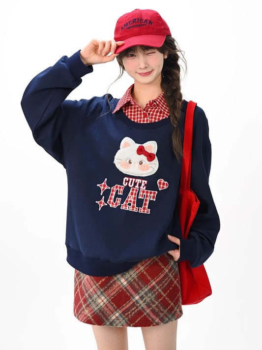 Kitty Embroidery Applique Navy Blue Sweatshirt with Detachable Red Plaid Collar